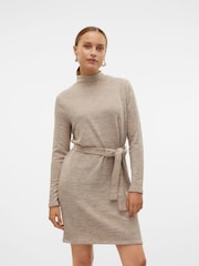 VERO MODA Natural Long Sleeve Belted Mini Knitted Jumper Dress - Image 5 of 6