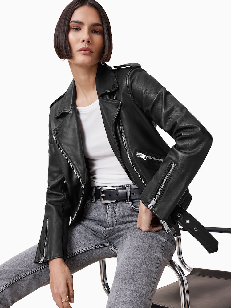 AllSaints Black/Silver Balfern Black/Silver Leather Biker Jacket - Image 1 of 7 AllSaints Black/Silver Balfern Black/Silver Leather Biker Jacket - Image 1 of 7
