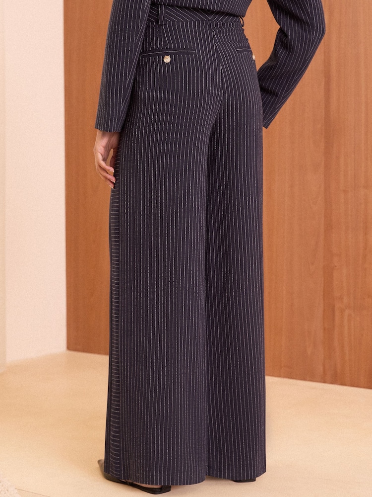Love & Roses Navy Pinstripe Linen Tailored Wide Leg Trousers - Image 2 of 4
