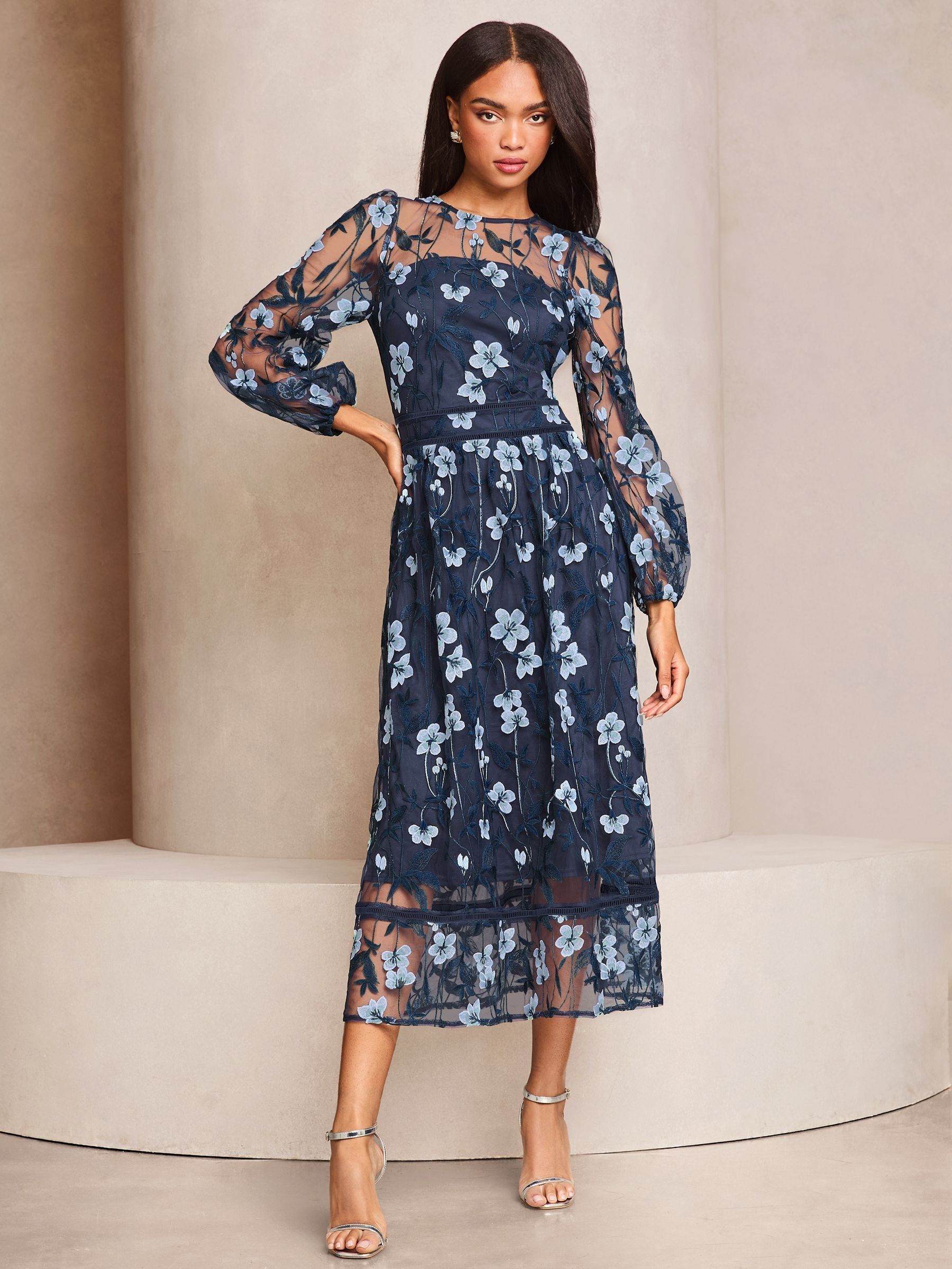 Buy Lipsy Navy Petite Premium Long Sleeve Embroidered Floral Prom Midi ...