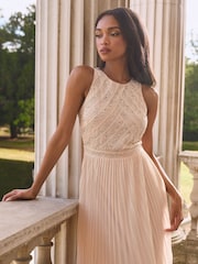 Lipsy Blush Pink Petite Embelished Bodice Pleated Wedding Bridesmaid Maxi Dress - Image 2 of 4