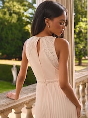 Lipsy Blush Pink Petite Embelished Bodice Pleated Wedding Bridesmaid Maxi Dress - Image 3 of 4