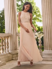 Lipsy Blush Pink Petite Embelished Bodice Pleated Wedding Bridesmaid Maxi Dress - Image 4 of 4