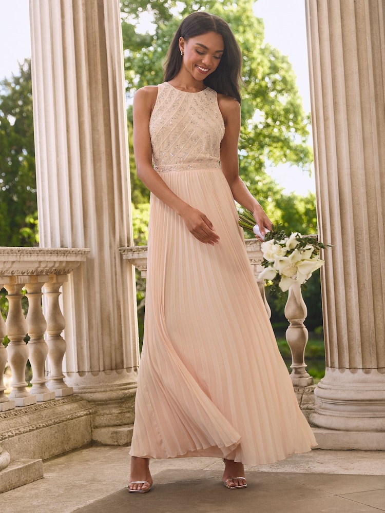 Lipsy Blush Pink Petite Embelished Bodice Pleated Wedding Bridesmaid Maxi Dress - Image 4 of 4