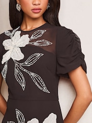 Lipsy Black & White Embroidered Floral Artwork Fit And Flare Premium Midi Occasion Dress - Image 2 of 4