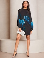 Lipsy Black Sequin Floral Printed Long Sleeve Shift Mini Dress - Image 1 of 4