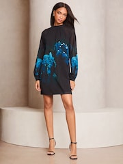Lipsy Black Sequin Floral Printed Long Sleeve Shift Mini Dress - Image 2 of 4