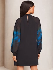 Lipsy Black Sequin Floral Printed Long Sleeve Shift Mini Dress - Image 3 of 4