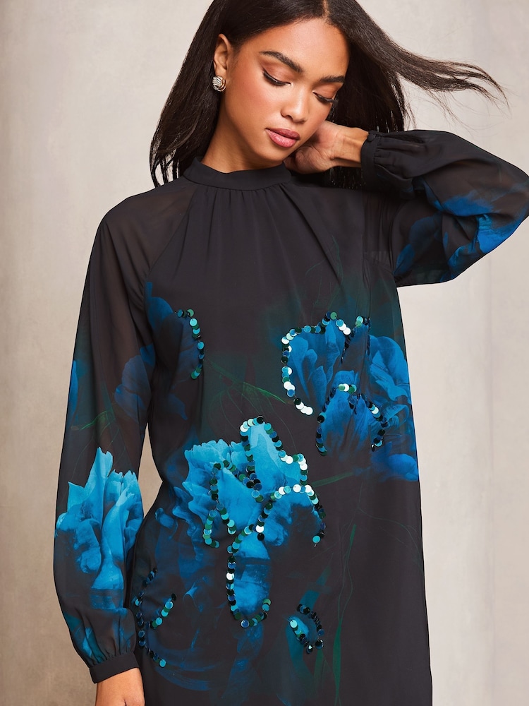 Lipsy Black Sequin Floral Printed Long Sleeve Shift Mini Dress - Image 4 of 4 Lipsy Black Sequin Floral Printed Long Sleeve Shift Mini Dress - Image 4 of 4