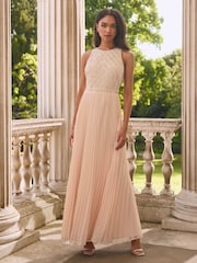 Lipsy Blush Pink Embelished Bodice Pleated Wedding Bridesmaid Maxi Dress - Image 1 of 4
