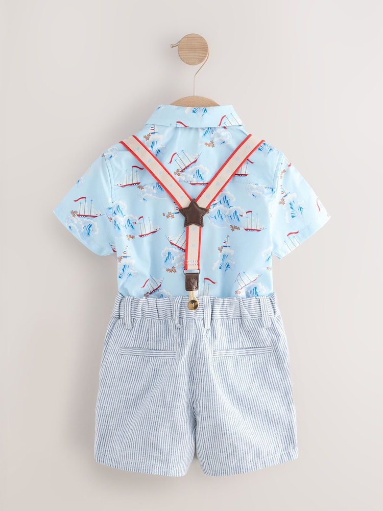 Blue/White Ship All Over Printed Shirt, Braces, Short & Bow Tie Set (3mths-7yrs) - Image 2 of 5