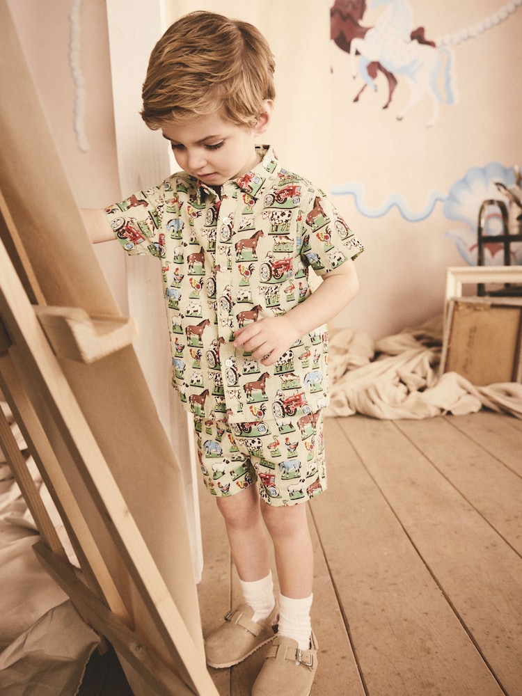 Green Farm All Over Printed Linen Blend Shirt & Shorts Set (3mths-7yrs) - Image 2 of 9