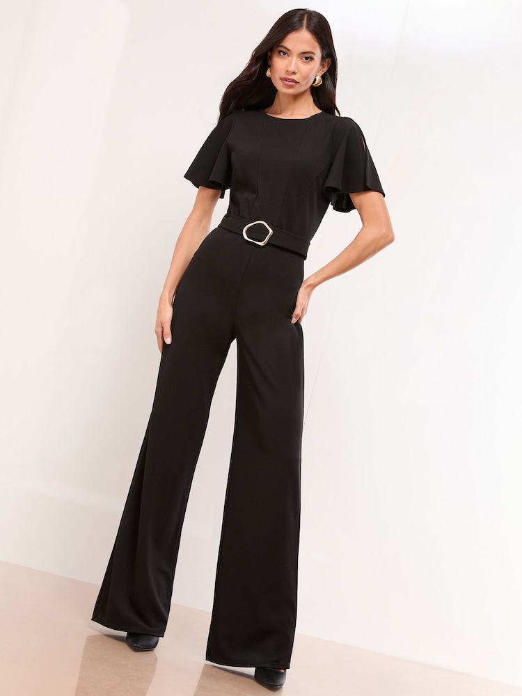 Lipsy Black Short Sleeve Hardware Jumpsuit - Image 1 of 4 Lipsy Black Short Sleeve Hardware Jumpsuit - Image 1 of 4