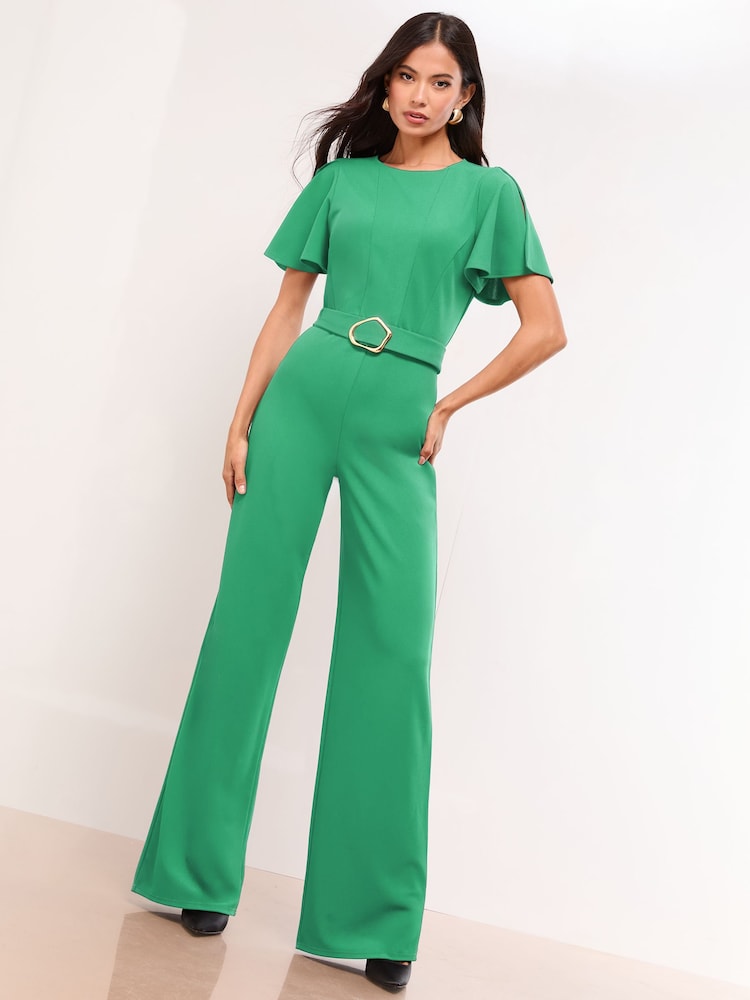 Lipsy Green Short Sleeve Hardware Jumpsuit - Image 1 of 4 Lipsy Green Short Sleeve Hardware Jumpsuit - Image 1 of 4