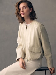 Neutral Cotton Blend Bubble Hem Bomber Jacket - Image 1 of 4