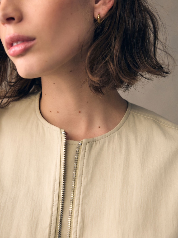 Neutral Cotton Blend Bubble Hem Bomber Jacket - Image 4 of 4