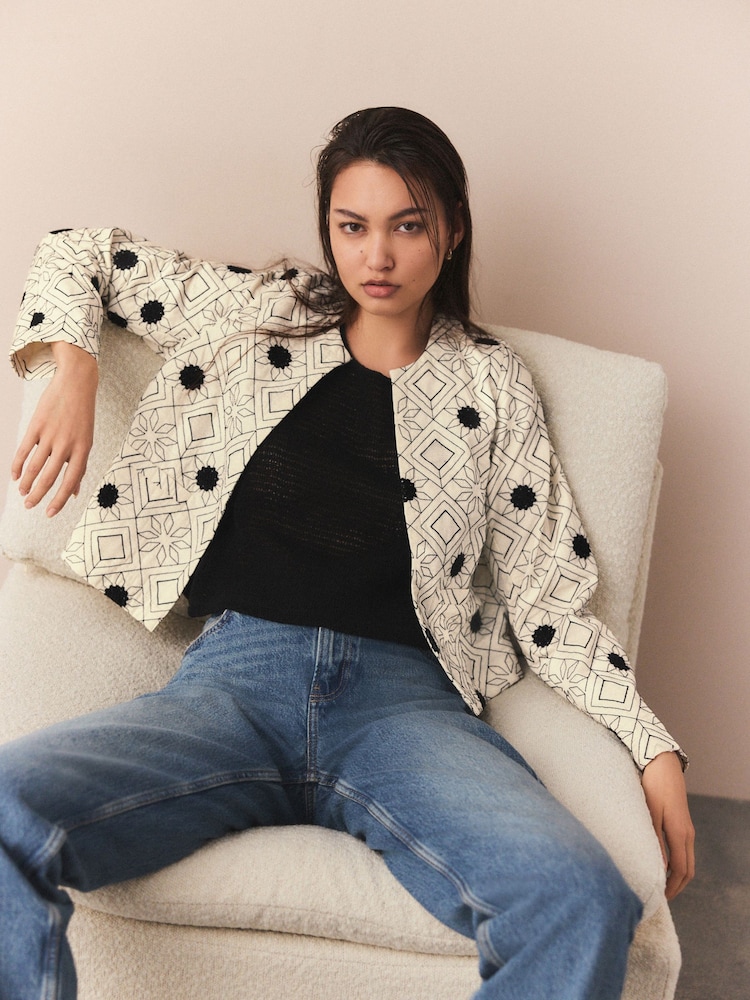 Ecru Floral Embroidered Quilted Cotton Rich Jacket - Image 1 of 8