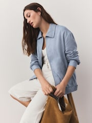 Blue Linen Rich Zip Through Bomber Jacket - Image 1 of 8