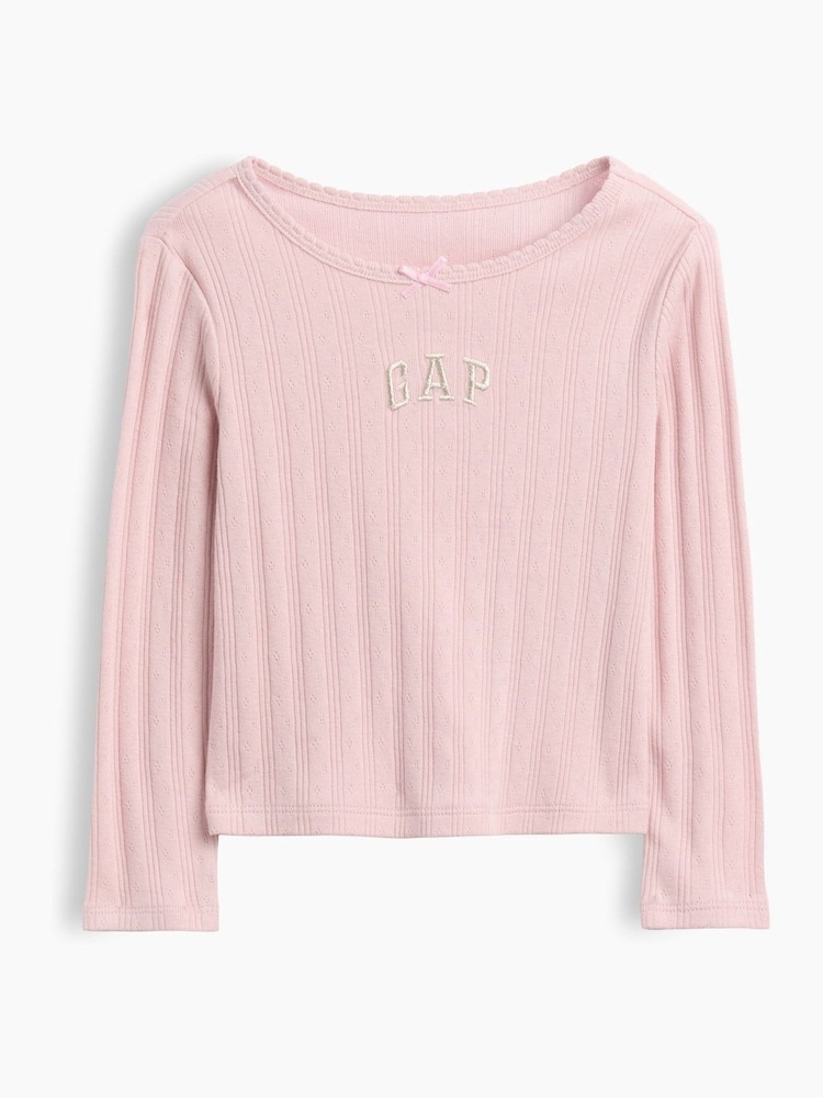 Gap Pink Arch Logo Pointelle Long Sleeve T-Shirt (6mths-5yrs) - Image 2 of 4 Gap Pink Arch Logo Pointelle Long Sleeve T-Shirt (6mths-5yrs) - Image 2 of 4