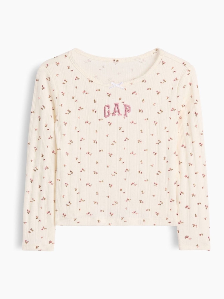 Gap Cream Floral Arch Logo Pointelle Long Sleeve T-Shirt (6mths-5yrs) - Image 1 of 3 Gap Cream Floral Arch Logo Pointelle Long Sleeve T-Shirt (6mths-5yrs) - Image 1 of 3