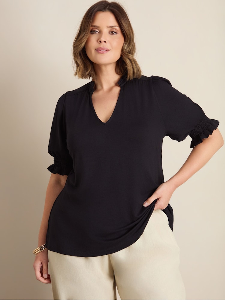 Live Unlimited Black Jersey Shirred Sleeve V-Neck Top - Image 1 of 4