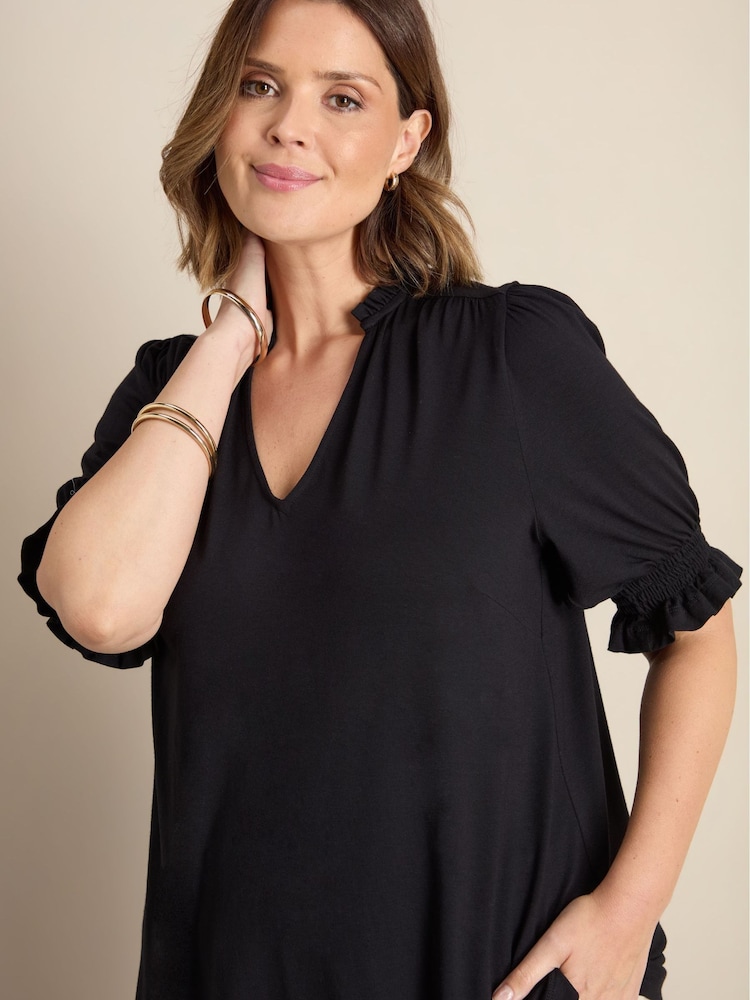 Live Unlimited Black Jersey Shirred Sleeve V-Neck Top - Image 2 of 4