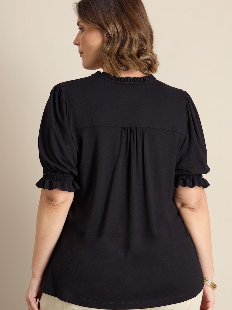 Live Unlimited Black Jersey Shirred Sleeve V-Neck Top - Image 4 of 4