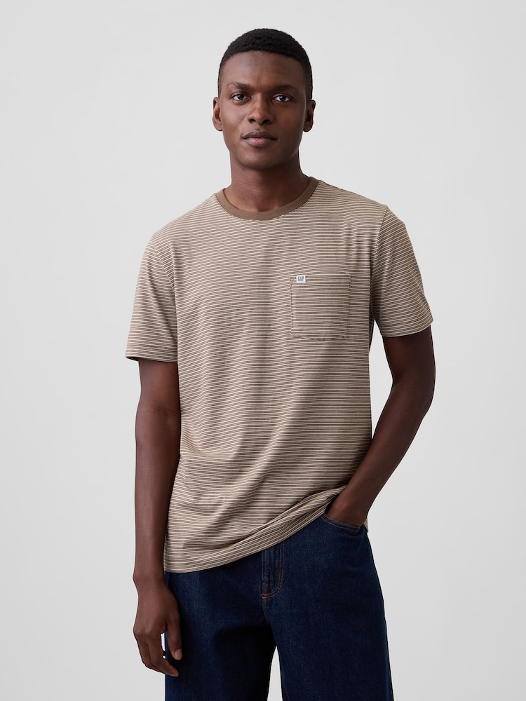 Gap Khaki Green Stripe Pocket Short Sleeve T-Shirt - Image 1 of 4