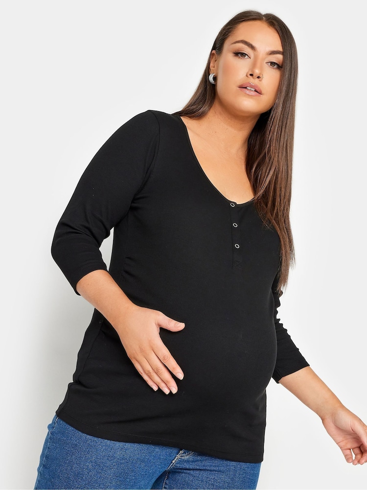 Yours Curve Black Maternity Ribbed Popper Fastening Top - Image 1 of 4 Yours Curve Black Maternity Ribbed Popper Fastening Top - Image 1 of 4