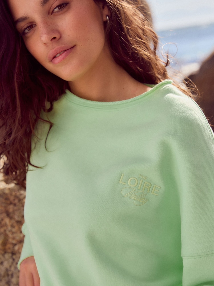 Graphic Fluro Green Raw Hem Detail Washed 100% Cotton Crew Neck Sweatshirt - Image 4 of 10