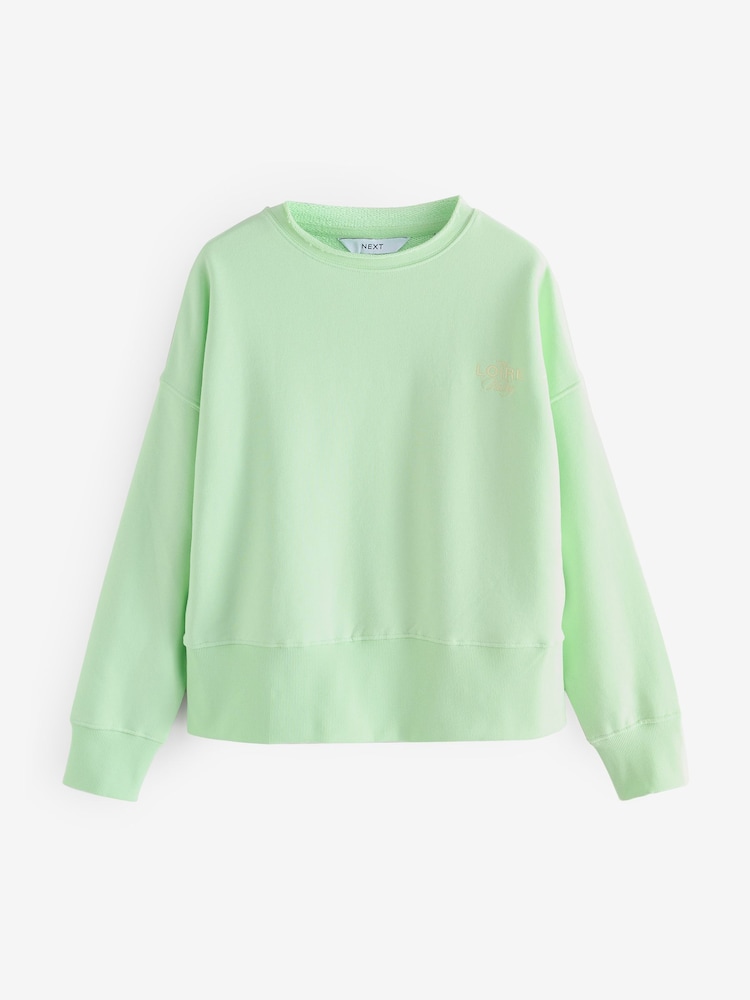 Graphic Fluro Green Raw Hem Detail Washed 100% Cotton Crew Neck Sweatshirt - Image 5 of 10