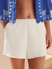 Ecru Raw Hem Detail Washed 100% Cotton Jersey Shorts - Image 2 of 6