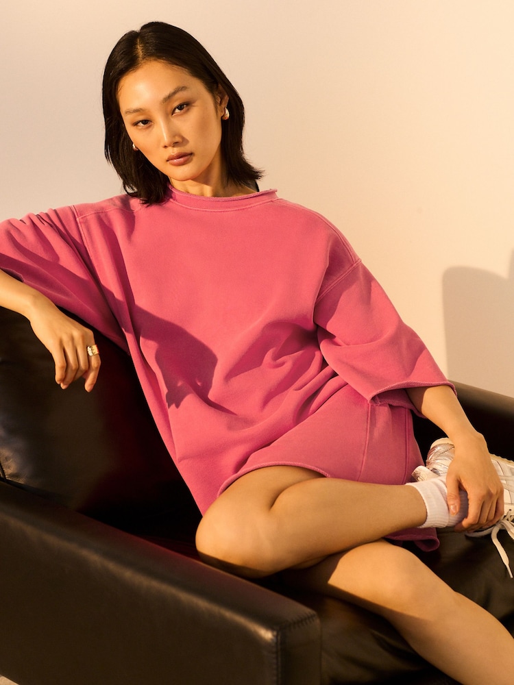 Red Raw Hem Detail Washed 100% Cotton Crew Neck Dress - Image 1 of 7