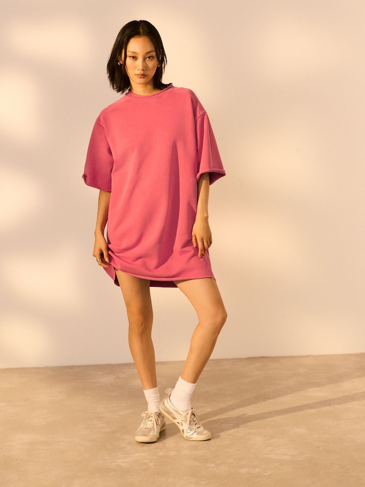 Red Raw Hem Detail Washed 100% Cotton Crew Neck Dress - Image 2 of 7