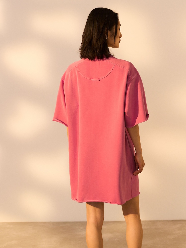 Red Raw Hem Detail Washed 100% Cotton Crew Neck Dress - Image 3 of 7