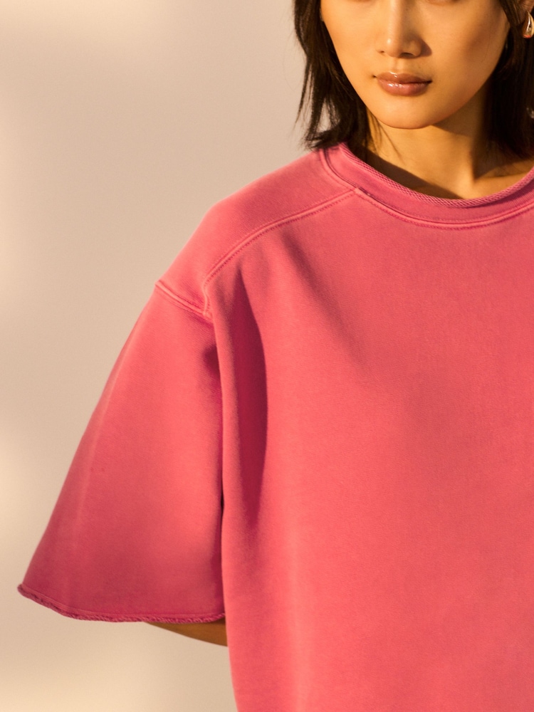 Red Raw Hem Detail Washed 100% Cotton Crew Neck Dress - Image 4 of 7