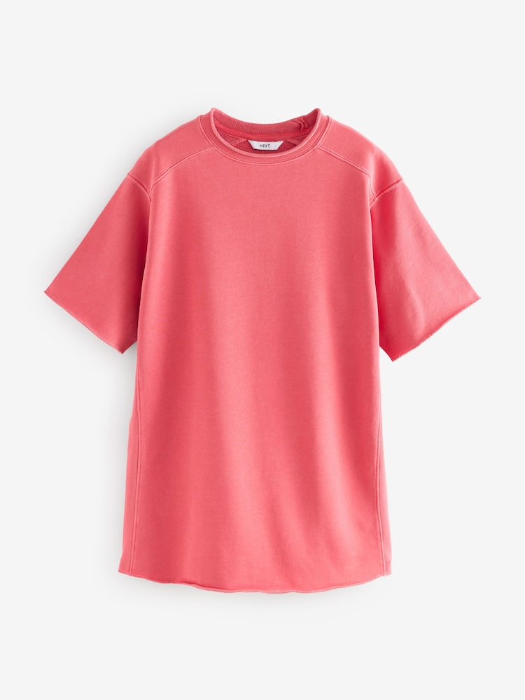 Red Raw Hem Detail Washed 100% Cotton Crew Neck Dress - Image 5 of 7