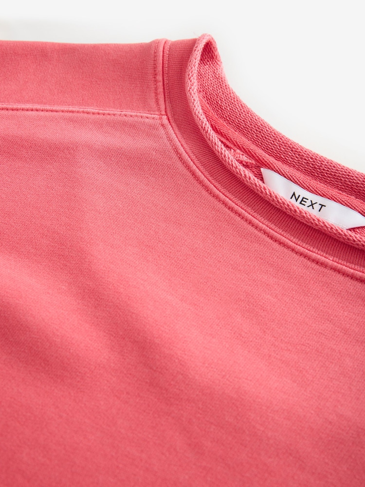 Red Raw Hem Detail Washed 100% Cotton Crew Neck Dress - Image 7 of 7
