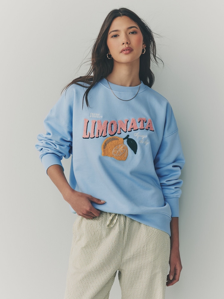 Blue Heavy Boucle/Embroidery Graphic Crew Neck Sweatshirt - Image 1 of 7