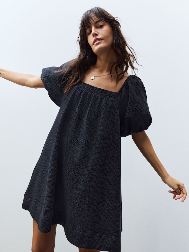 Black Textured Seer Sucker Smock Dress - Image 1 of 4