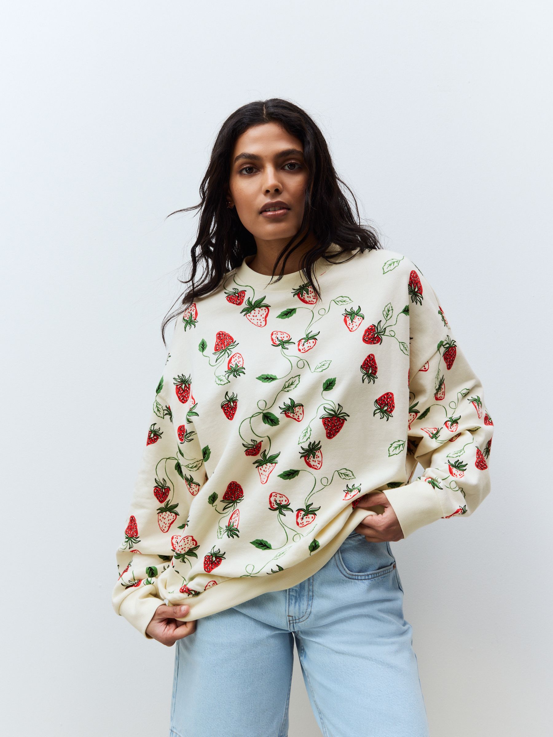 Buy Red Graphic Strawberry Print Cotton Rich Long Crew Neck