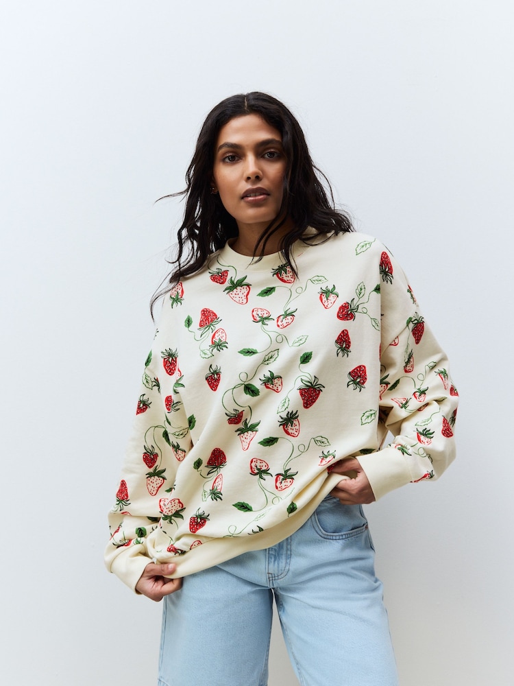 Red Graphic Strawberry Print Cotton Rich Long Crew Neck Sweatshirt - Image 3 of 13