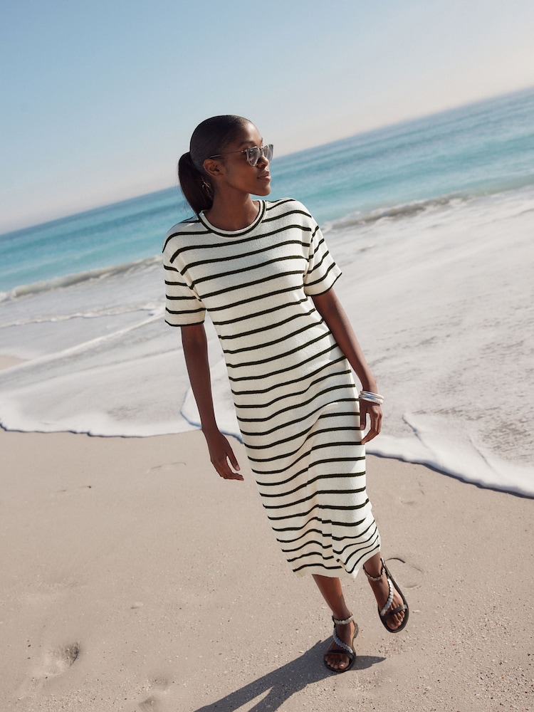Monochrome Stripe Knitlook Short Sleeve Dress - Image 1 of 7