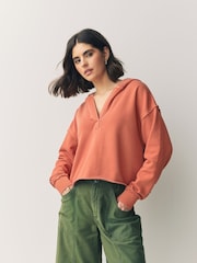 Orange Relaxed Fit Washed Cotton V-Neck Hoodie - Image 1 of 7