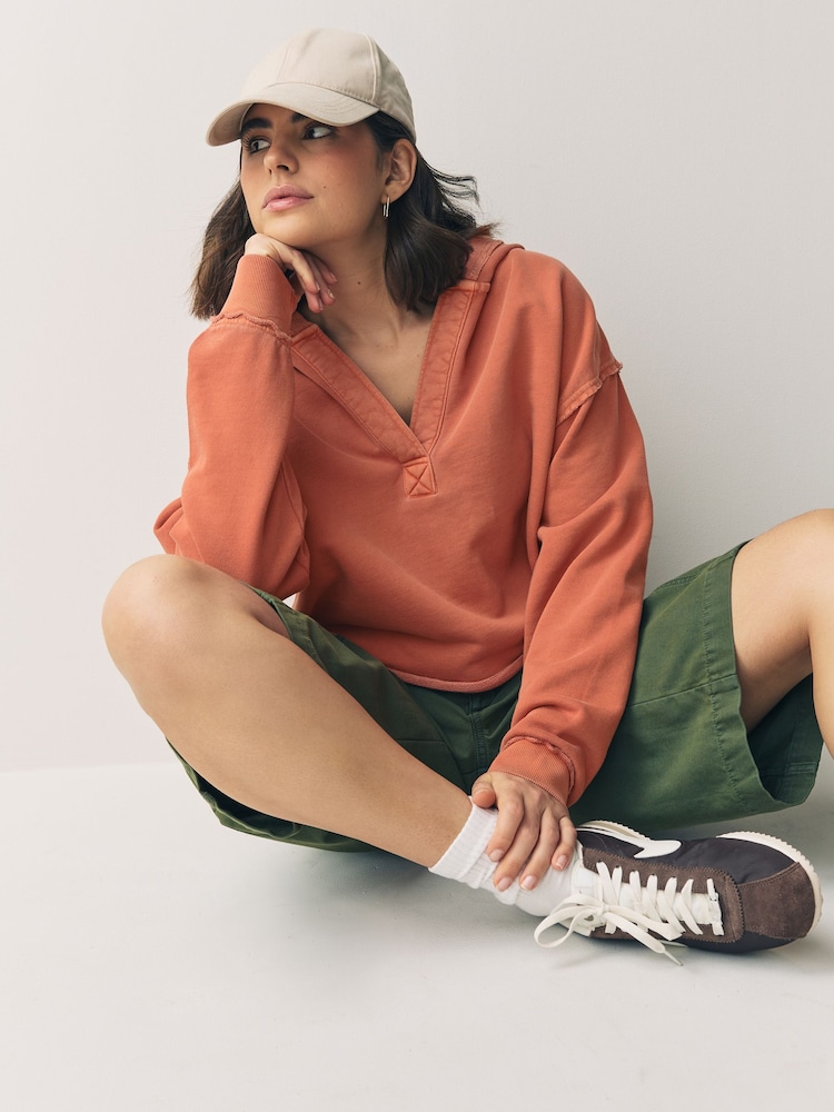 Orange Relaxed Fit Washed Cotton V-Neck Hoodie - Image 3 of 7