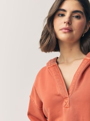 Orange Relaxed Fit Washed Cotton V-Neck Hoodie - Image 4 of 7