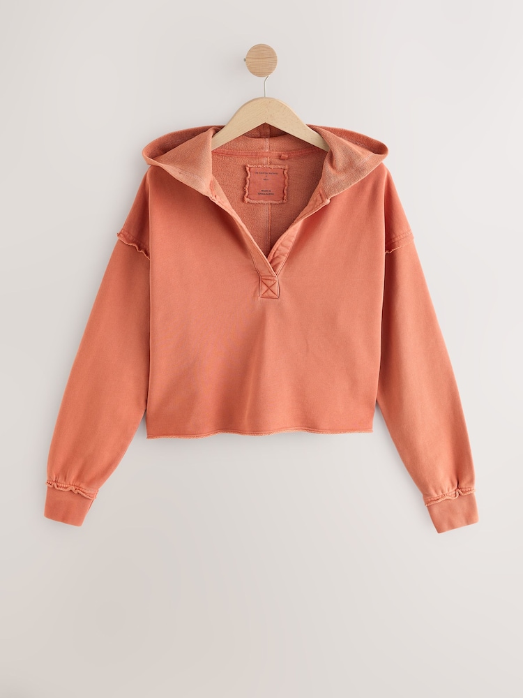 Orange Relaxed Fit Washed Cotton V-Neck Hoodie - Image 5 of 7