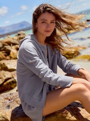 Blue Textured Waffle Zip Through Jumper Hoodie - Image 1 of 9