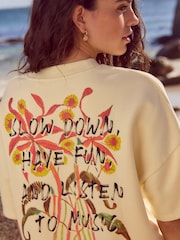 Buttermilk Summer Slogan Graphic Embroided Short Sleeve 100% Cotton Sweatshirt T-Shirt - Image 4 of 4
