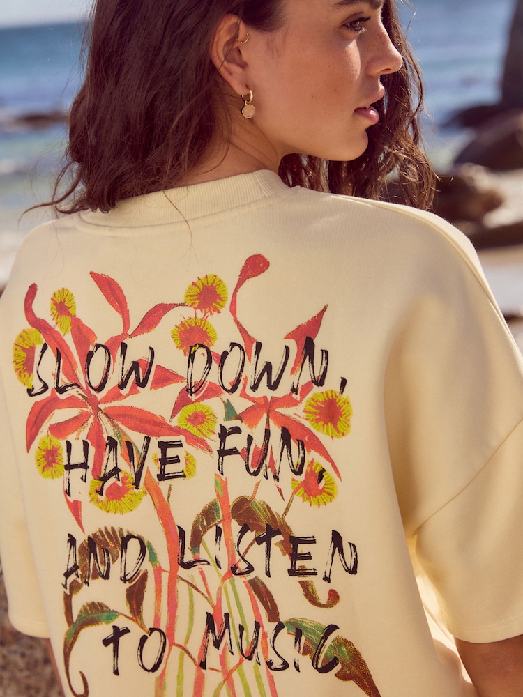 Buttermilk Summer Slogan Graphic Embroided Short Sleeve 100% Cotton Sweatshirt T-Shirt - Image 4 of 4